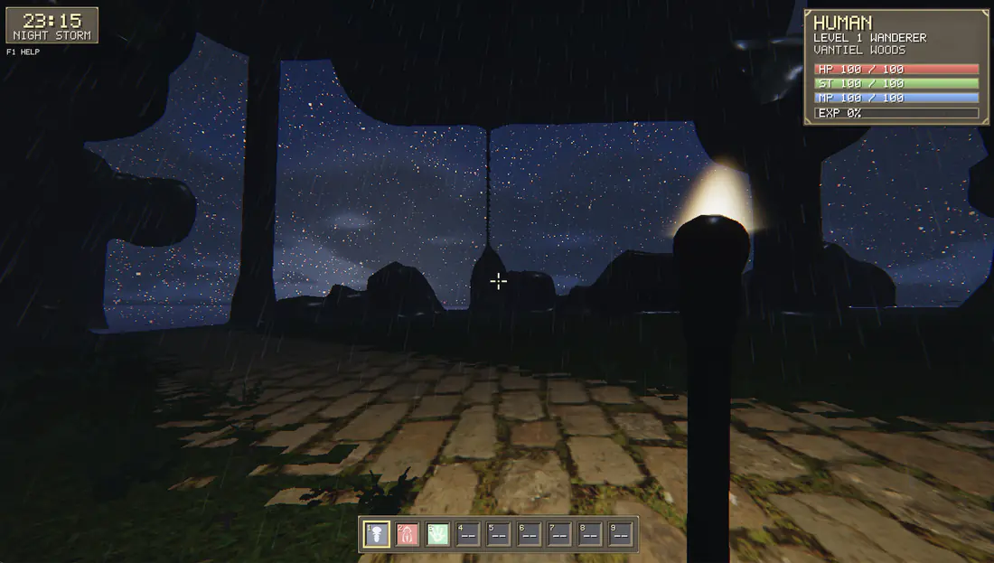 Night storm seen from inside a ruin: a dense star field framed by broken black walls, with a torch burning at the right of frame.