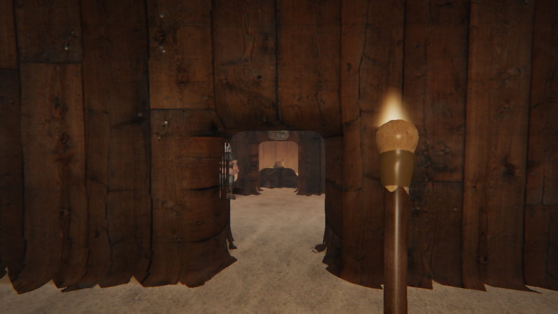 A dark timber-walled room with a doorway through to a lit room beyond, where a person is standing. Through a second doorway past them, a bed with something laid on it.
