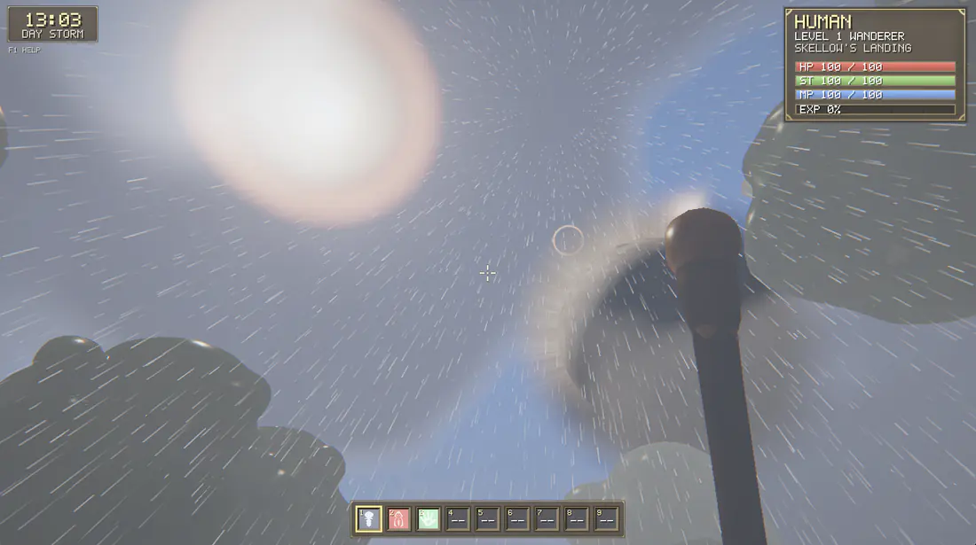 Looking straight up through a storm: the sun at upper left, a second dark body ringed with light at the right, rain streaking past the canopy.