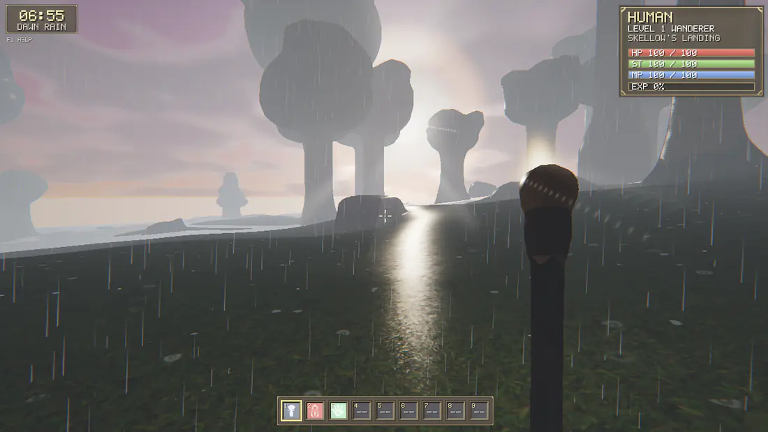 Dawn rain over open grass: the sun lays a bright path across the wet ground, with giant mushroom-capped trees receding into mist and a torch held in the right hand.
