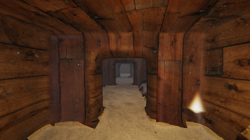 Standing inside a timber building, looking down a line of three cut doorways that recede one behind the next into further rooms. The near planks are lit warm and gold by a torch just out of frame; the far room is cold daylight.