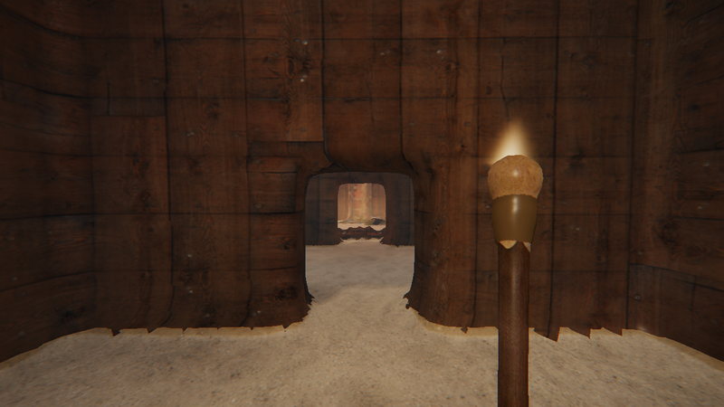 A near-dark room of planked walls and a sand floor. Through the doorway ahead, the next room glows orange from a forge burning out of sight.