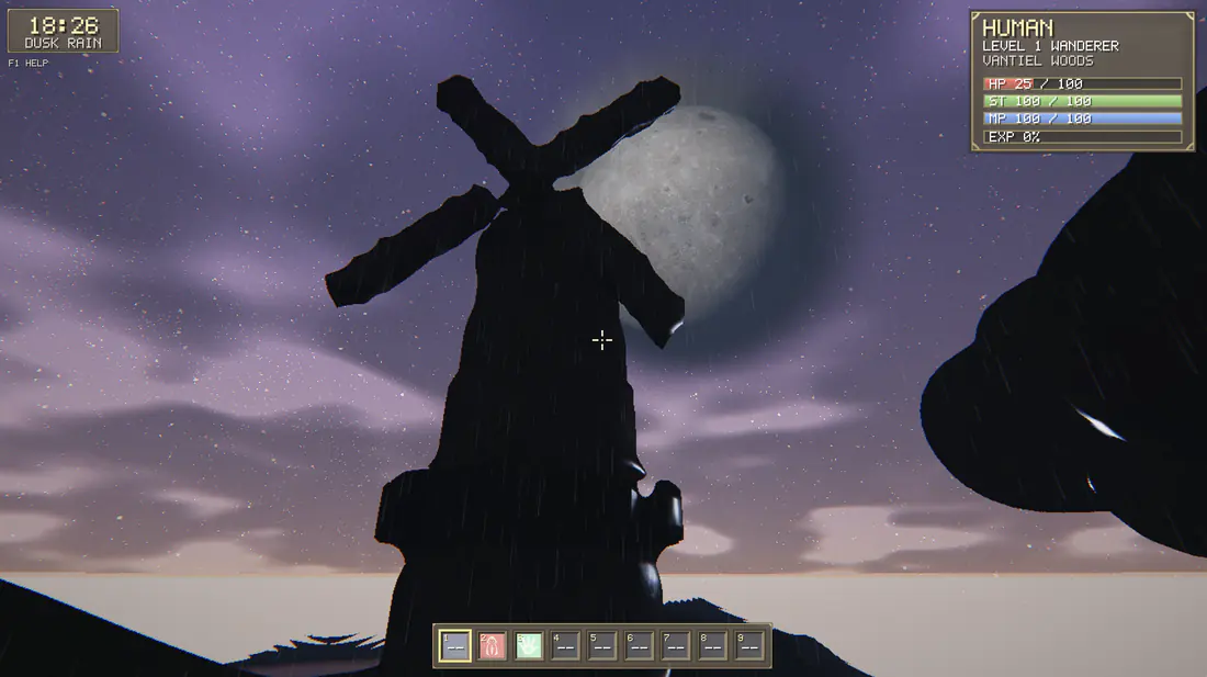 A windmill in black silhouette against a large rising moon, dusk rain falling through a violet, star-flecked sky.