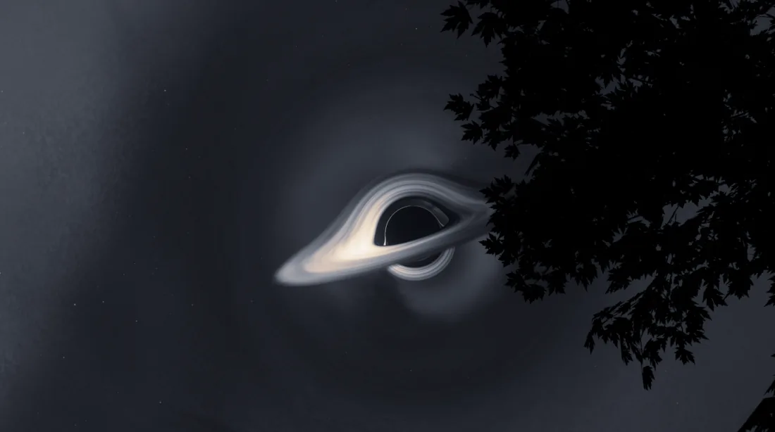 A black hole in a dark night sky: a glowing disc of gas bent up over a black shadow and back under it by the hole's own gravity, beside the black silhouette of maple leaves, with faint stars.