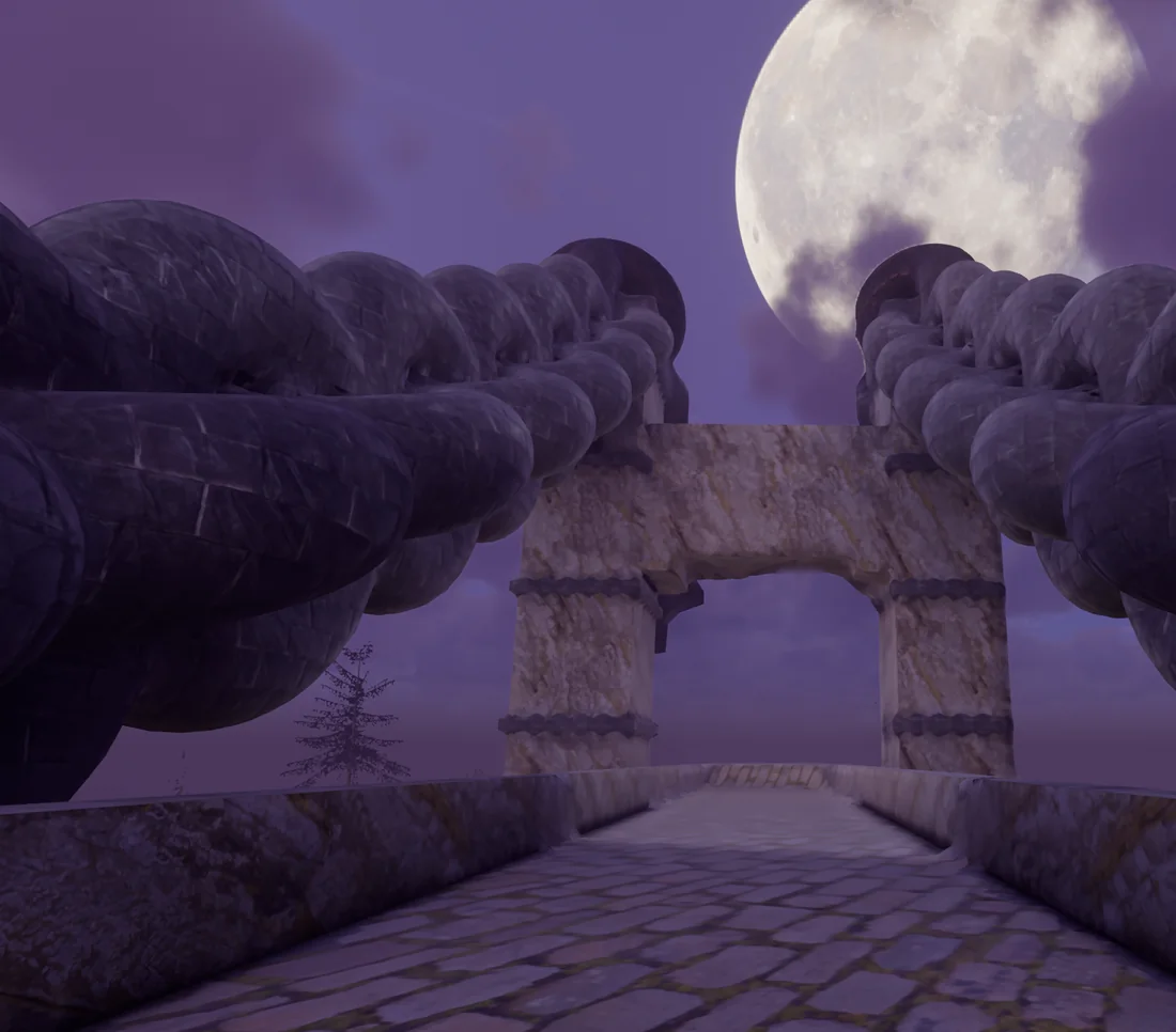 The same bridge at dusk under a violet sky, a huge moon rising behind the chain on the right and the stone links lit a cool purple.