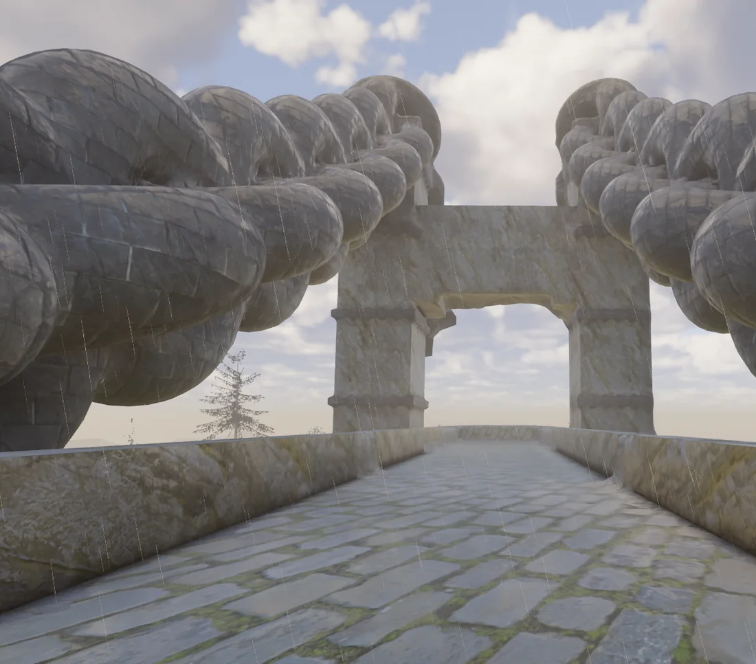 A walled stone bridge running under a carved stone arch between two colossal chains of stone links, with rain falling and white cumulus behind.