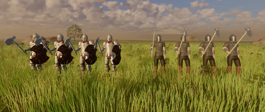 Eight guards stand in a row in tall grass, lit by a low evening sun: four knights in plate with round shields and hammers on the left, and four halberdiers in dark tabards with a gold badge on the right.