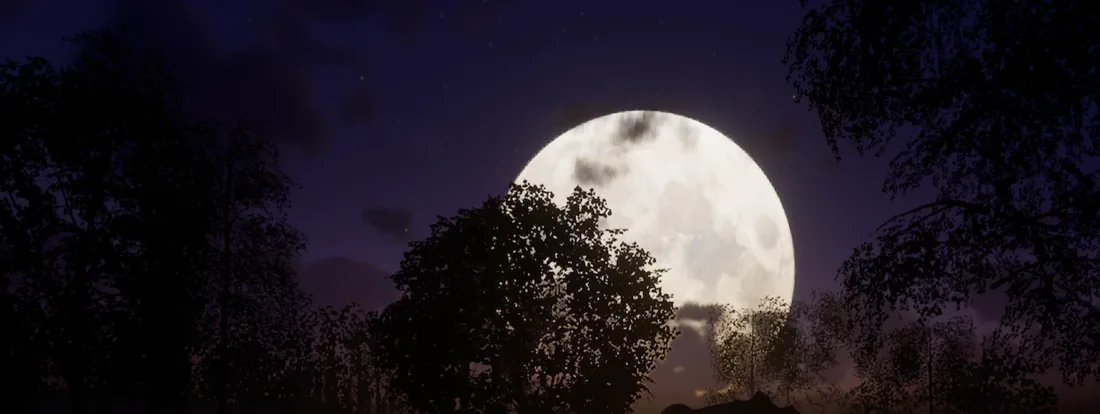 A huge, detailed full moon hangs low in a violet pre-dawn sky, half hidden behind the black silhouette of a broad tree, with a dark forest line beneath it.