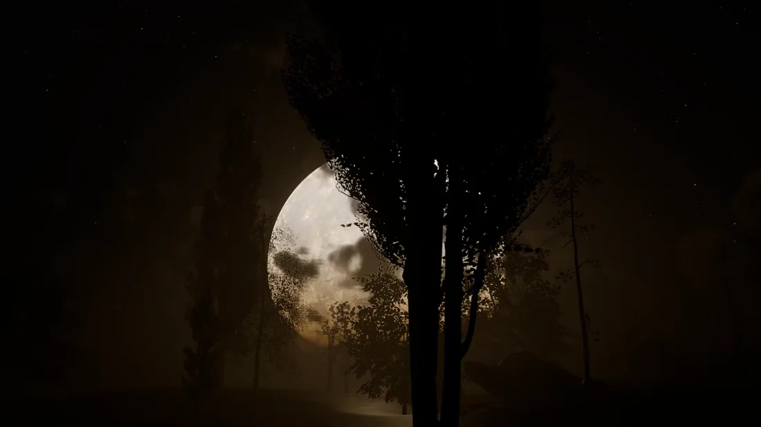 A huge full moon rising behind a stand of dark trees, their leaves black against its face, with mist in the hollow and stars across the night sky.