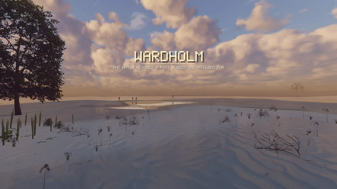 The name WARDHOLM in pale capitals, with the line “The watch resumed a post nobody volunteered for” beneath it, over a sandy shore with a tree on the left and heaped cumulus above.